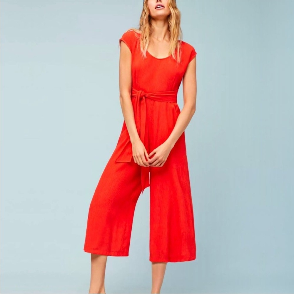 ANTHROPOLOGIE Jumpsuit Womens XS Red Orange Wide Leg Cropped Belted Boho Culotte - Picture 3 of 7